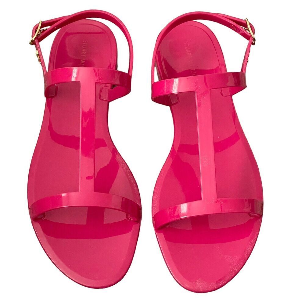 Stuart Weitzman Jelly Sandals Size 9 Mellie Hot Pink Rubber Ankle T-Strap Resort - Picture 6 of 12